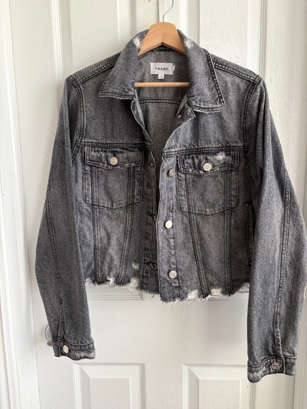 Frame Dark Wash Distressed Cropped Denim Jacket - Size L